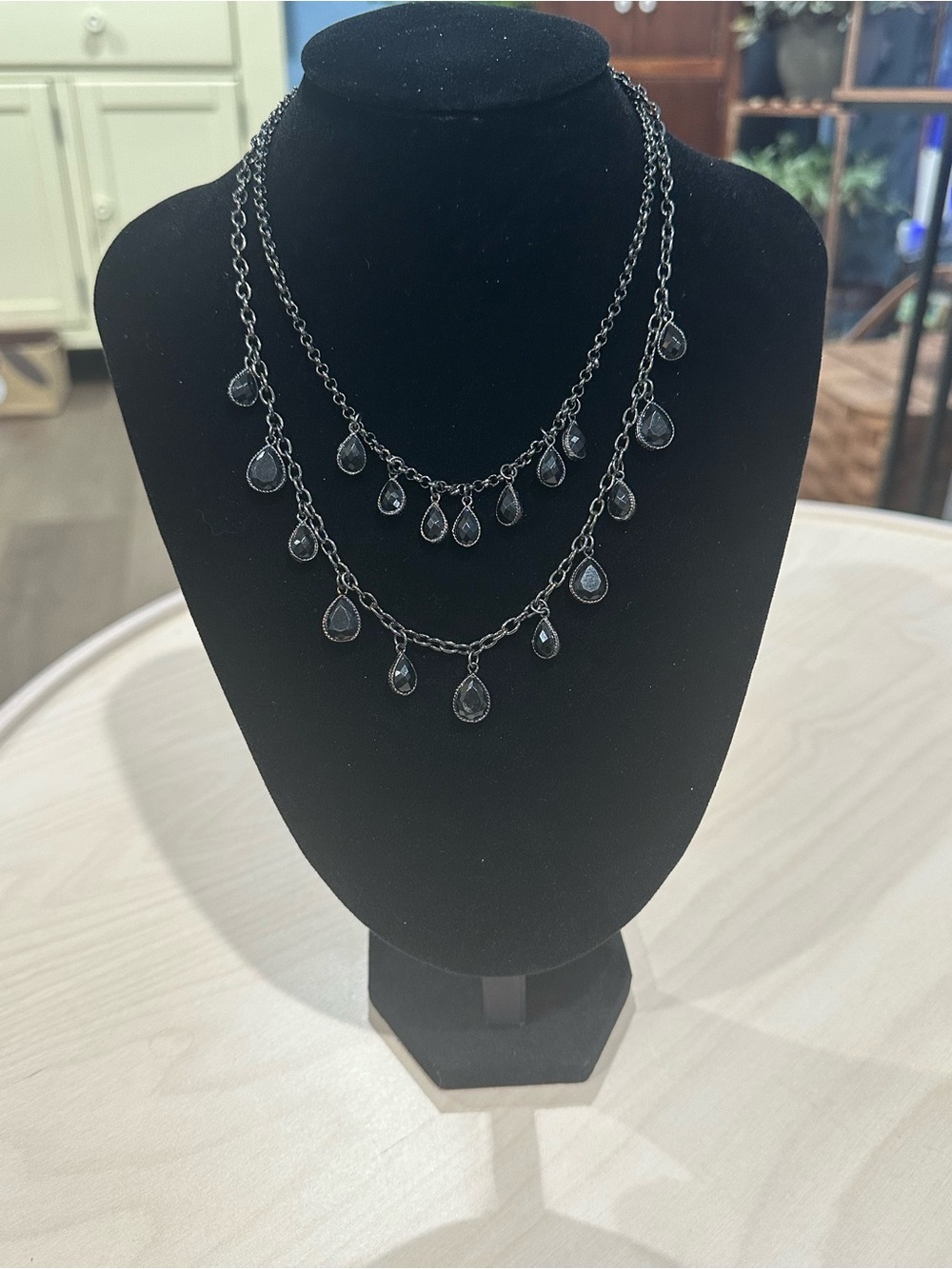 Cookie Lee Vintage Gunmetal Two-Layer Teardrop Charms Chain Necklace